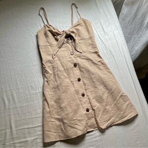 Le Rumi tan peach linen cotton blend tie front sleeveless button down mini dress